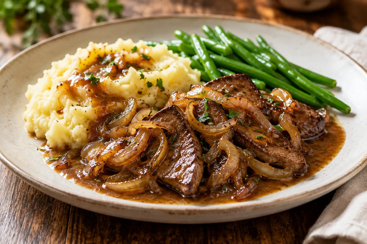 Cooked liver and onions with vegetables and mash
