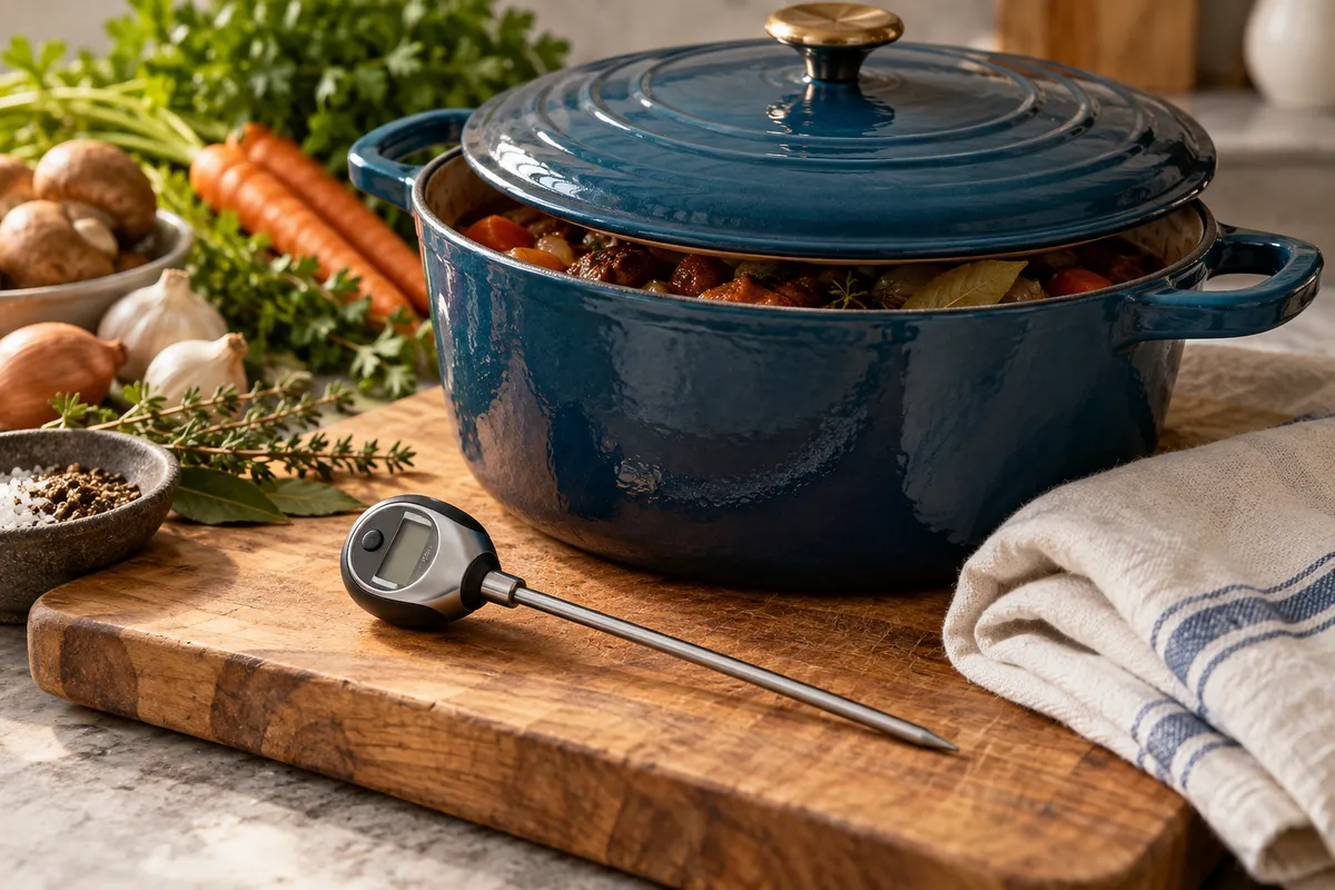 A cooking thermometer beside a covered casserole
